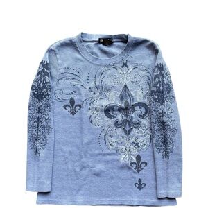 Old Skool Y2K Grunge Grey Ribbed Long Sleeve Fleur De Lis Top With Rhinestones